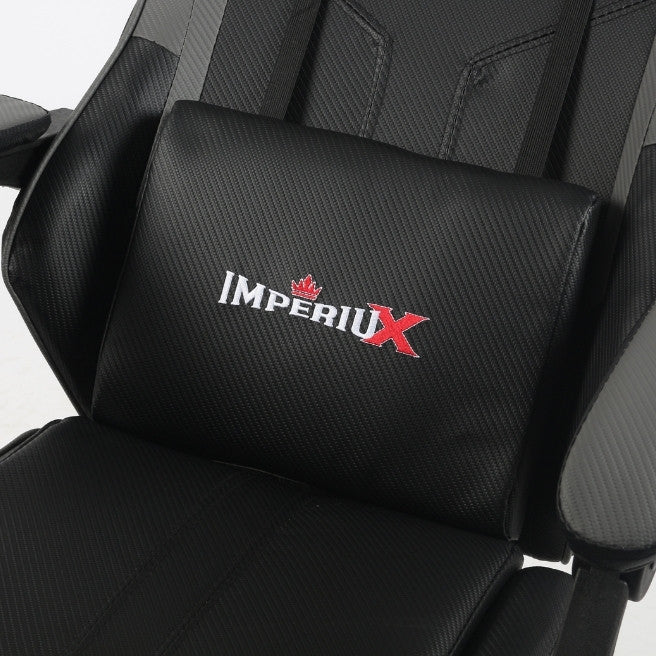 Silla Gamer Gris IMPERIUX + Tapizado en Carbono + Masajeador + Reposapies