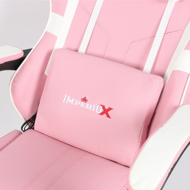 Silla Gamer Rosada IMPERIUX + Tapizado en Carbono + Masajeador + Reposapies