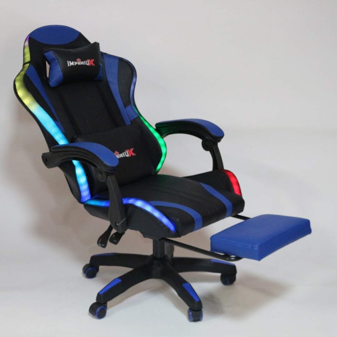Silla Gamer Azul con Parlantes + Bluetooth + Luces RGB + Masajes + Reposapies + Reclinables
