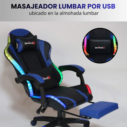 Silla Gamer Azul con Parlantes + Bluetooth + Luces RGB + Masajes + Reposapies + Reclinables