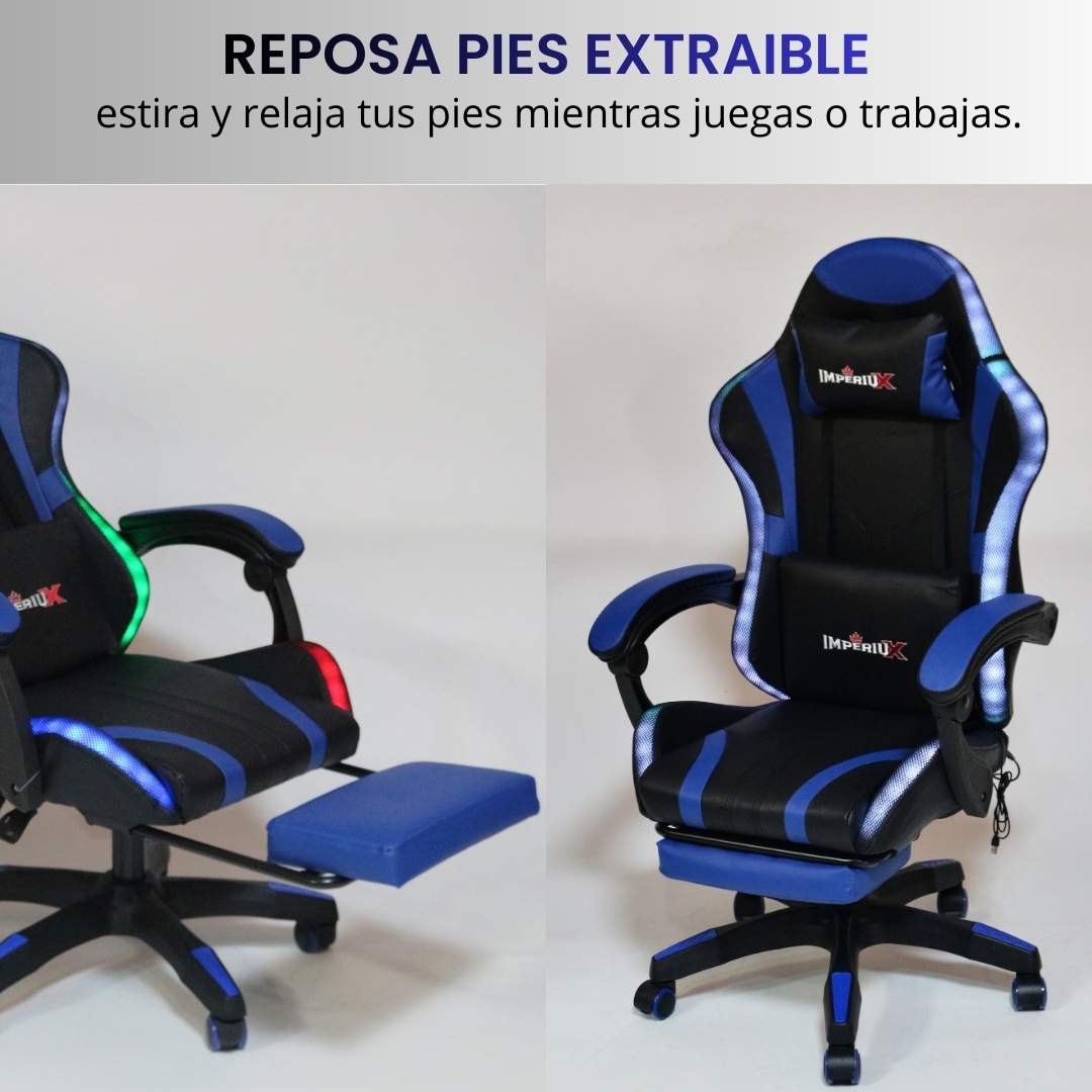 Silla Gamer Azul con Parlantes + Bluetooth + Luces RGB + Masajes + Reposapies + Reclinables