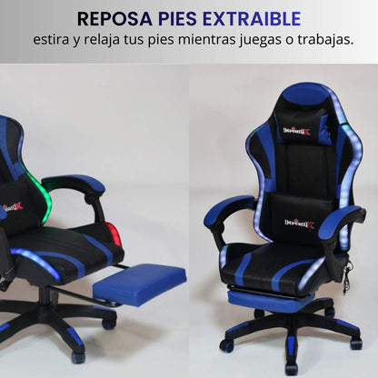 Silla Gamer Azul con Parlantes + Bluetooth + Luces RGB + Masajes + Reposapies + Reclinables