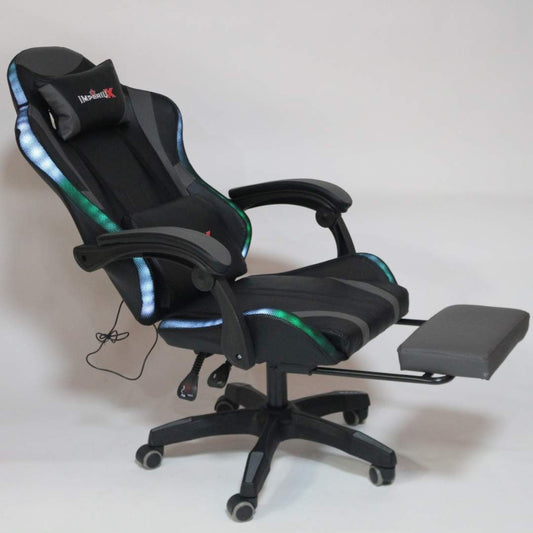 Silla Gamer Gris  con Parlantes + Bluetooth + Luces RGB + Masajes + Reposapies + Reclinables