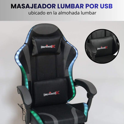 Silla Gamer Gris  con Parlantes + Bluetooth + Luces RGB + Masajes + Reposapies + Reclinables