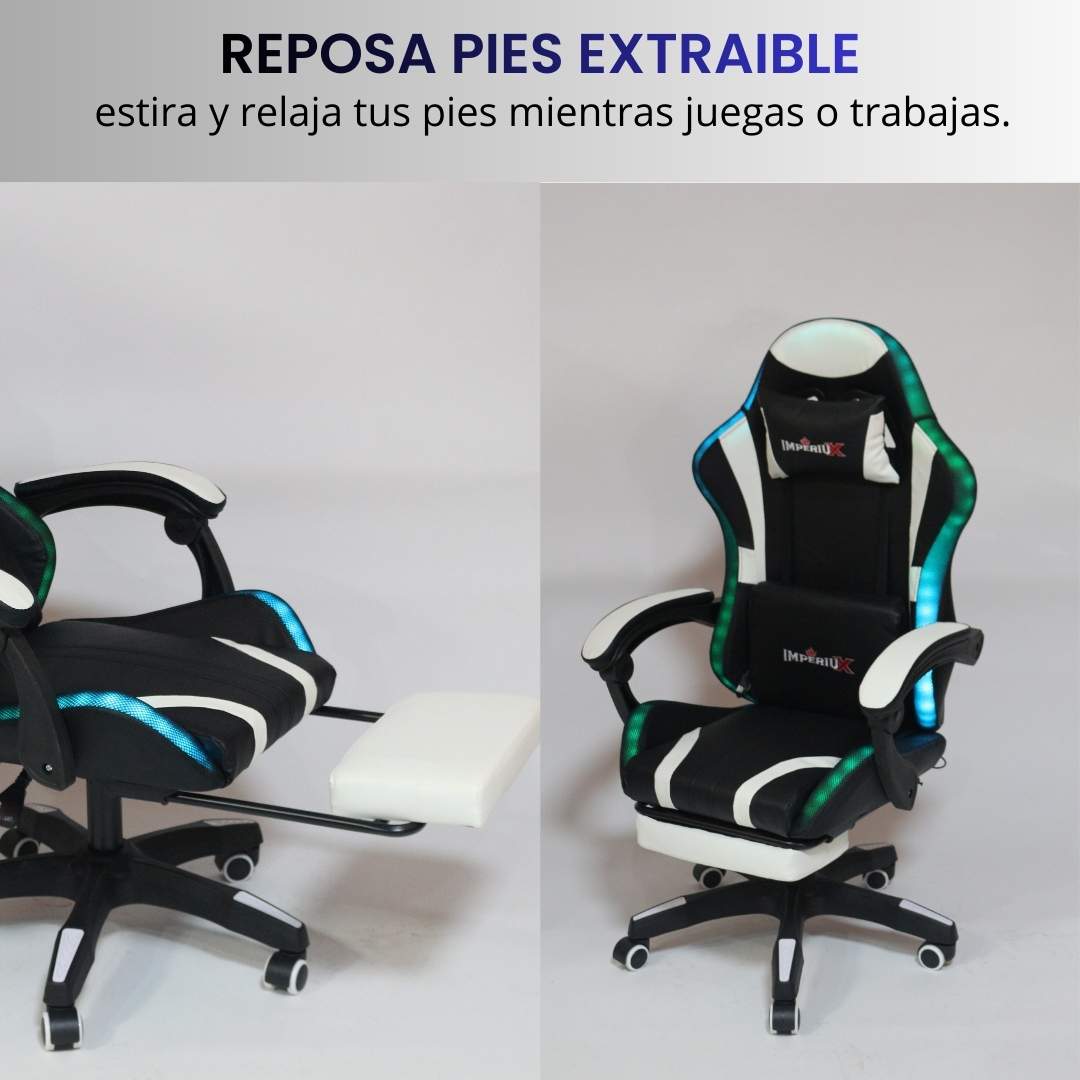 Silla Gamer Blanca con Parlantes + Bluetooth + Luces RGB + Masajes + Reposapies + Reclinables