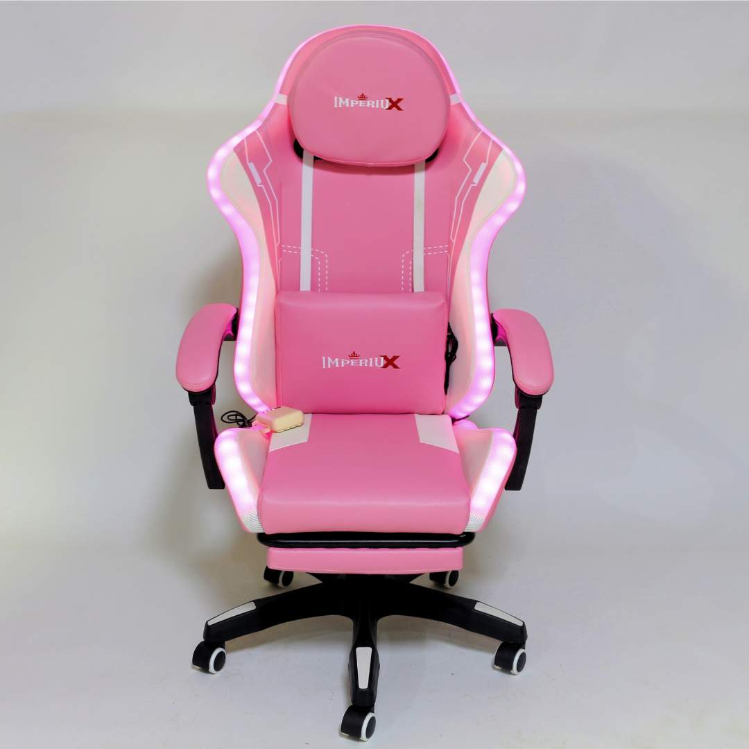 Silla Gamer Rosada con Parlantes + Bluetooth + Luces RGB + Masajes + Reposapies + Reclinables