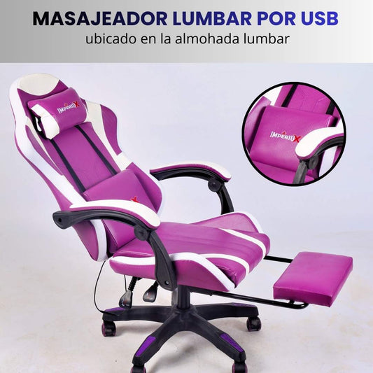 Silla Gamer Morada con Parlantes + Bluetooth + Luces RGB + Masajes + Reposapies + Reclinables