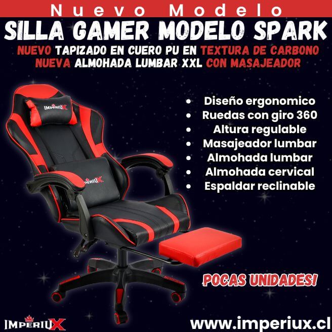 Silla Gamer Roja IMPERIUX + Tapizado en Carbono + Masajeador + Reposapies