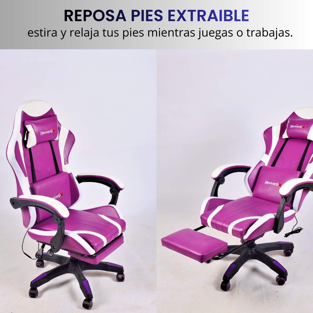 Silla Gamer Morada con Parlantes + Bluetooth + Luces RGB + Masajes + Reposapies + Reclinables