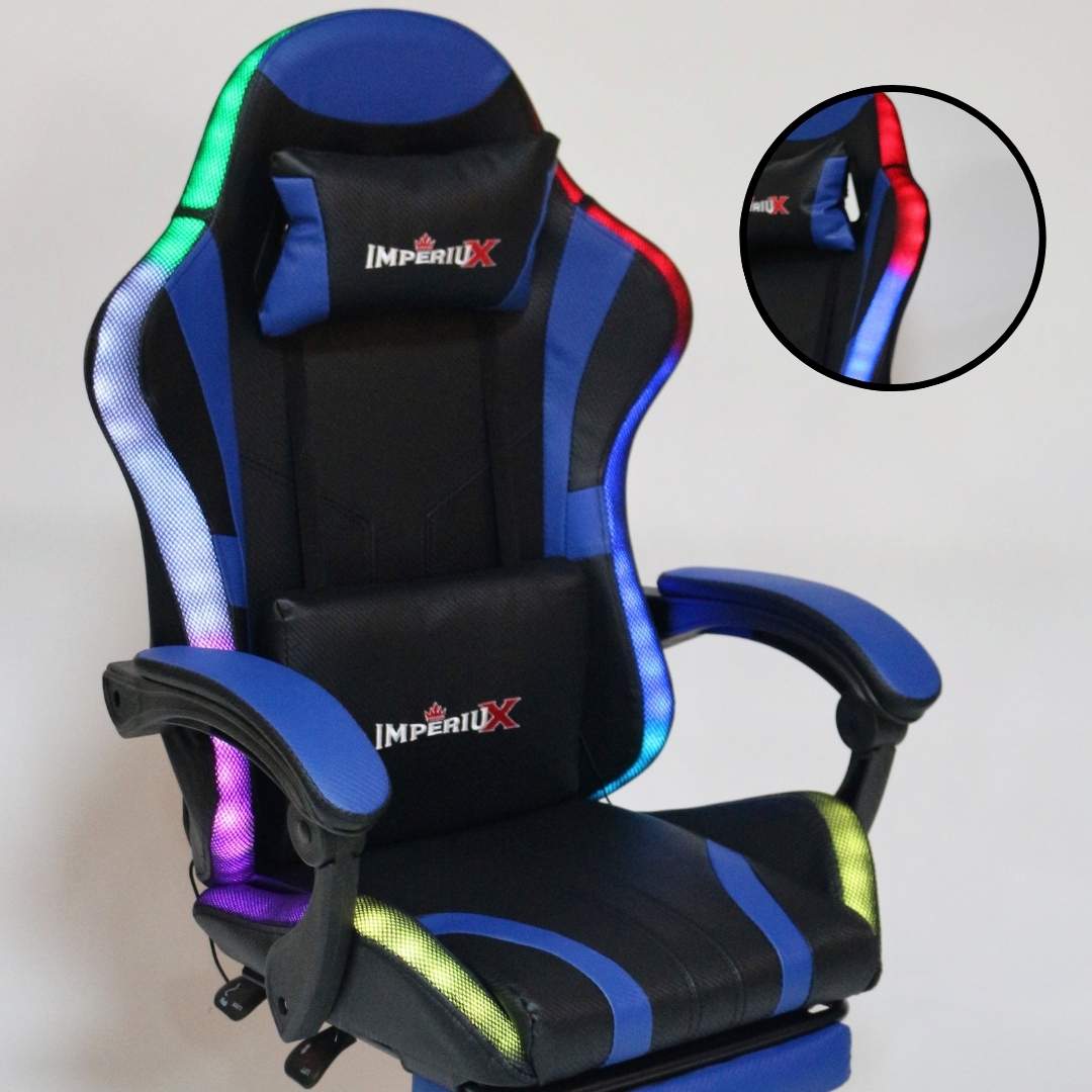 Silla Gamer Azul con Parlantes + Bluetooth + Luces RGB + Masajes + Reposapies + Reclinables
