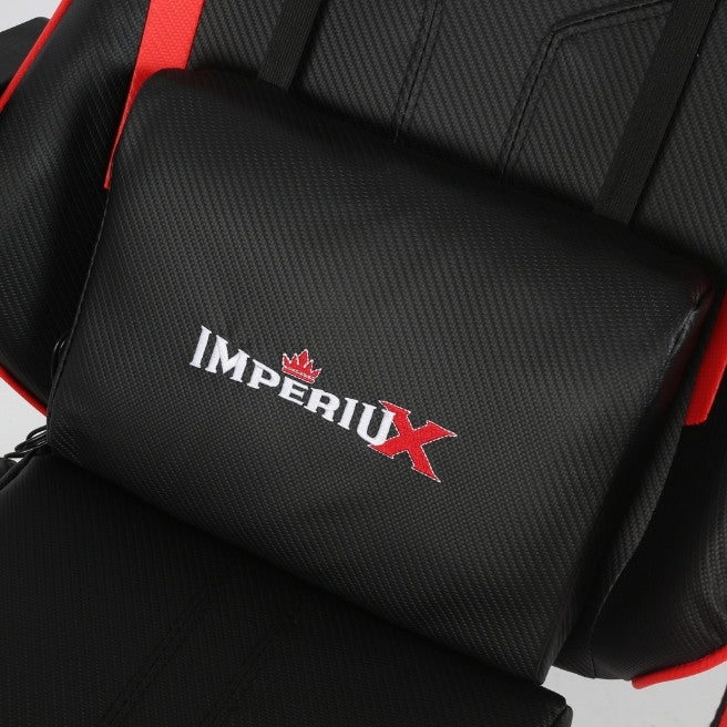 Silla Gamer Roja IMPERIUX + Tapizado en Carbono + Masajeador + Reposapies
