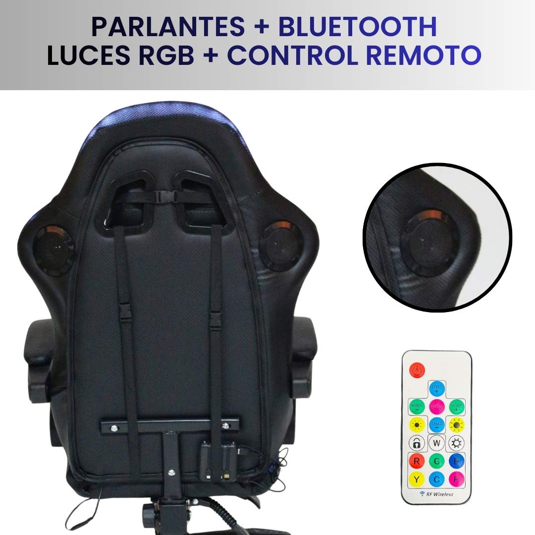 Silla Gamer Azul con Parlantes + Bluetooth + Luces RGB + Masajes + Reposapies + Reclinables