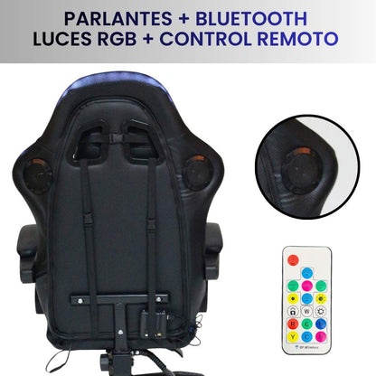 Silla Gamer Azul con Parlantes + Bluetooth + Luces RGB + Masajes + Reposapies + Reclinables