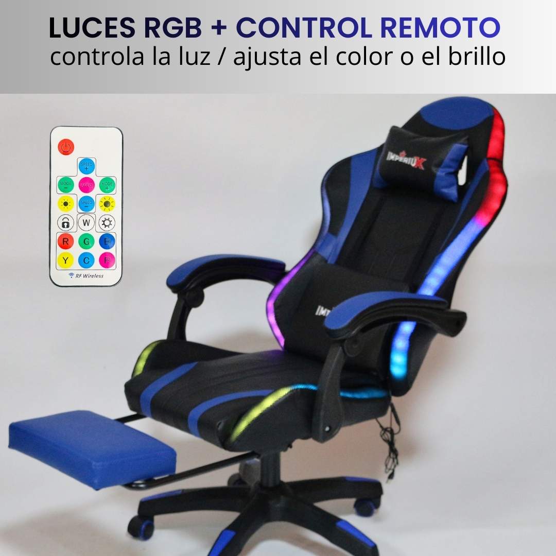 Silla Gamer Azul con Parlantes + Bluetooth + Luces RGB + Masajes + Reposapies + Reclinables