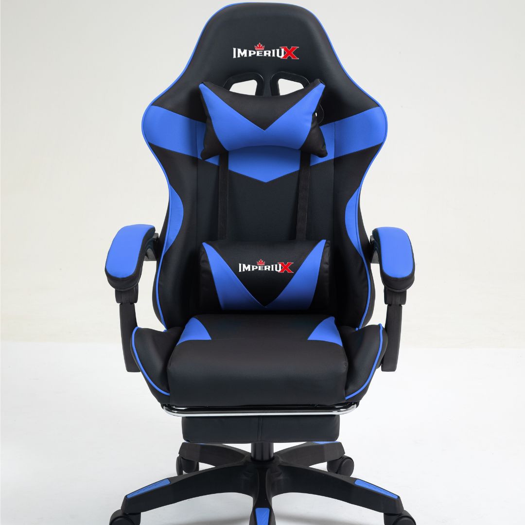 Silla gamer ergonómica Imperiux azul con reposapiés extraíble