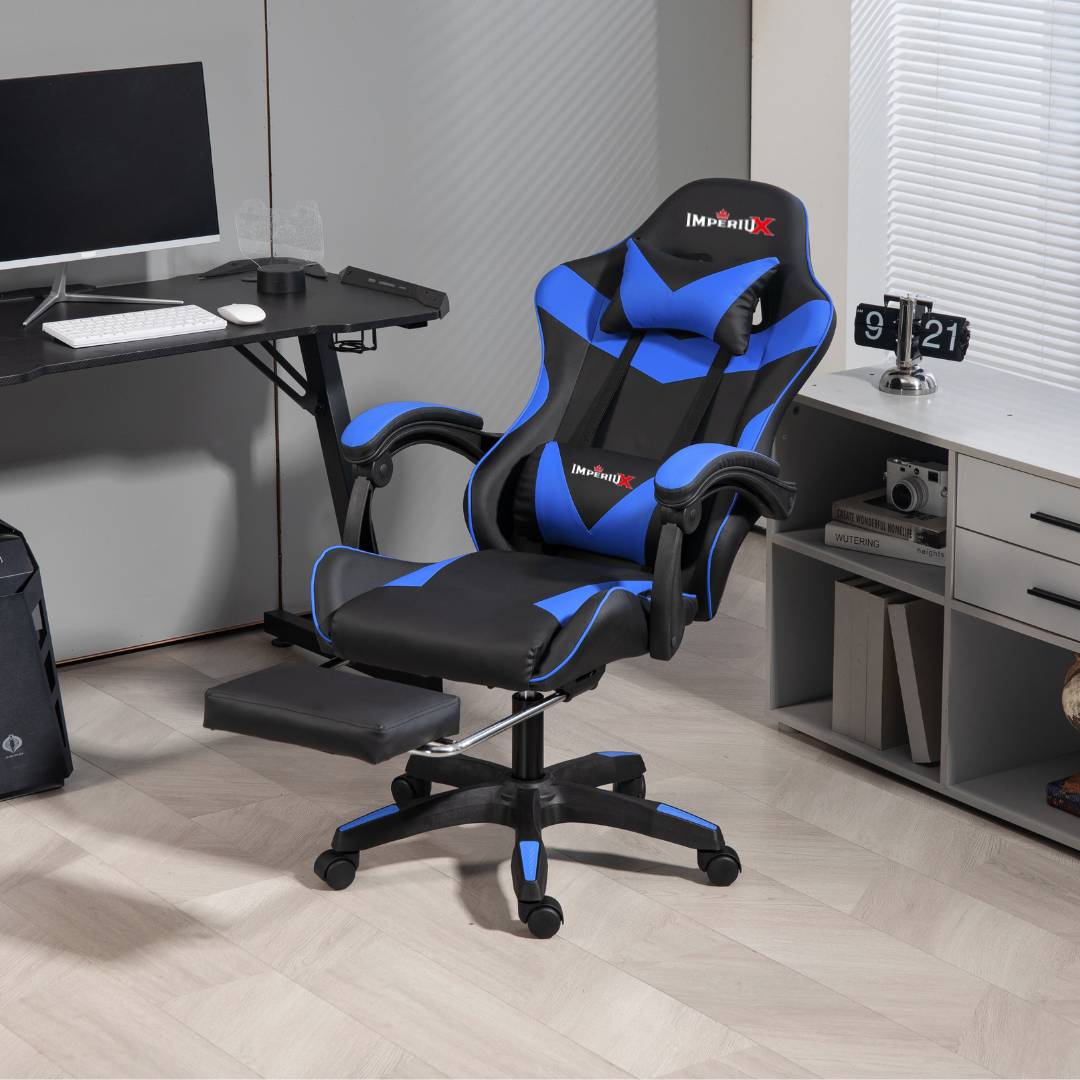 Silla gamer ergonómica Imperiux azul con reposapiés extraíble