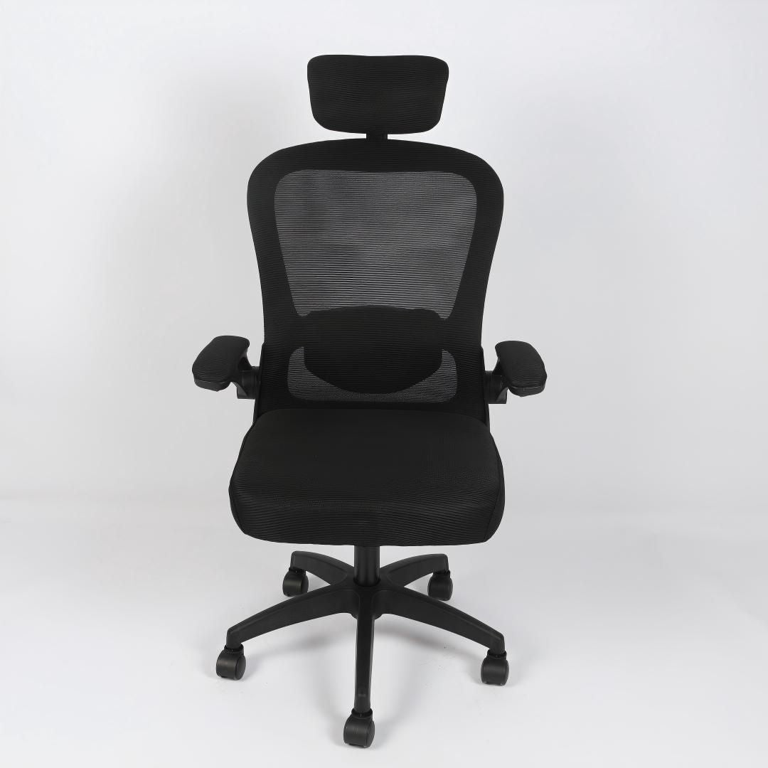 Silla de oficina ergonómica Imperiux negra, reposacabezas y soporte lumbar ajustables, brazos removibles