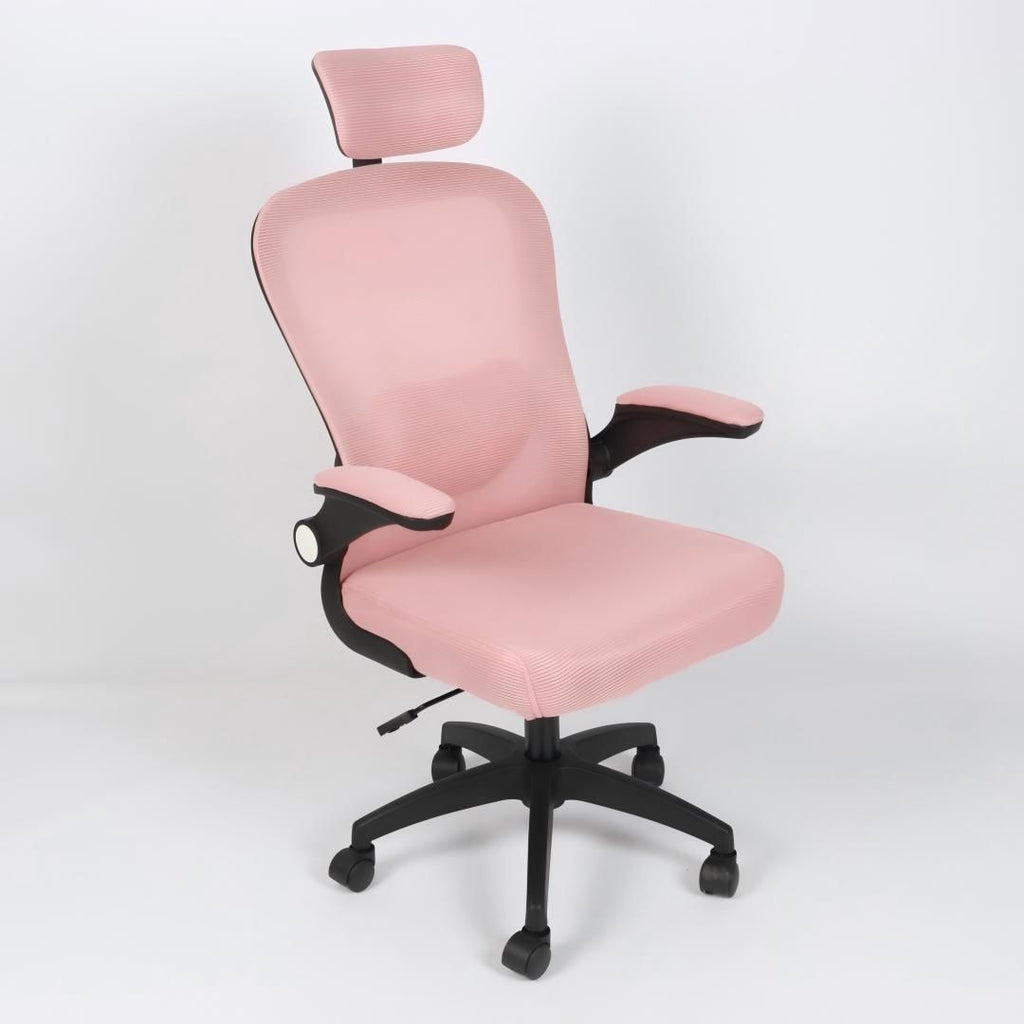 Silla de oficina ergonómica Imperiux rosada con negro, reposacabezas y soporte lumbar ajustables, brazos removibles