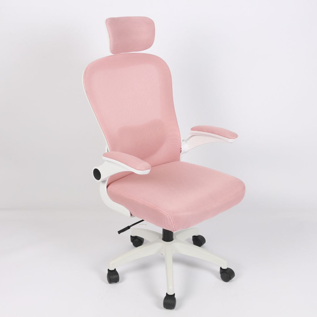 Silla de oficina ergonómica Imperiux rosada con blanco, reposacabezas y soporte lumbar ajustables, brazos removibles