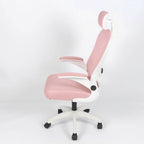 Silla de oficina ergonómica Imperiux rosada con blanco, reposacabezas y soporte lumbar ajustables, brazos removibles