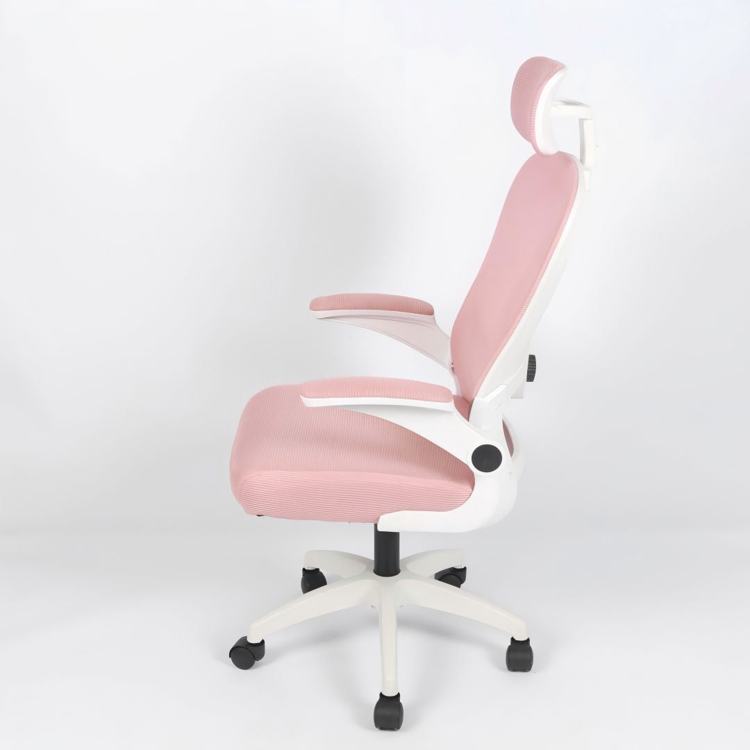 Silla de oficina ergonómica Imperiux rosada con blanco, reposacabezas y soporte lumbar ajustables, brazos removibles