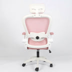 Silla de oficina ergonómica Imperiux rosada con blanco, reposacabezas y soporte lumbar ajustables, brazos removibles
