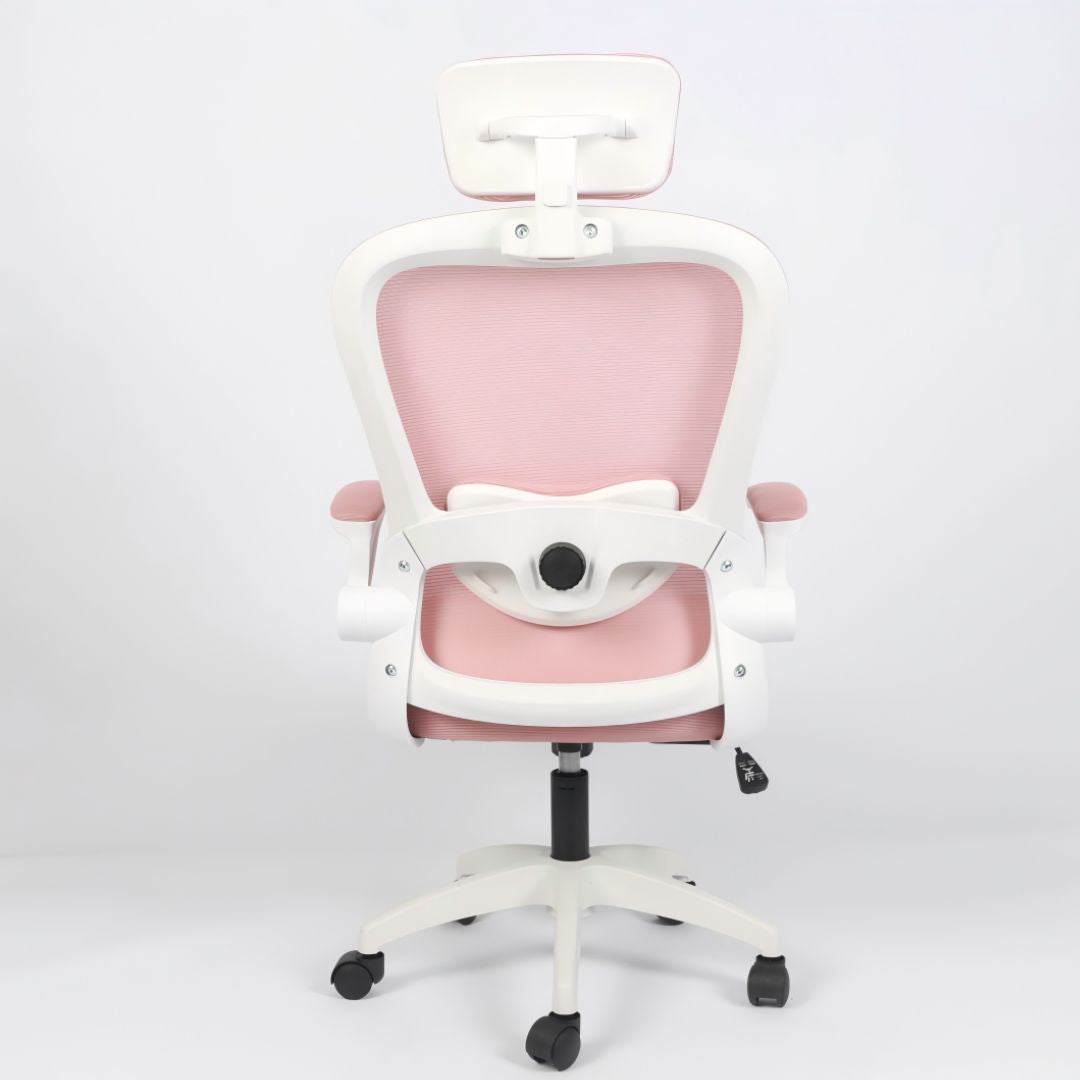 Silla de oficina ergonómica Imperiux rosada con blanco, reposacabezas y soporte lumbar ajustables, brazos removibles
